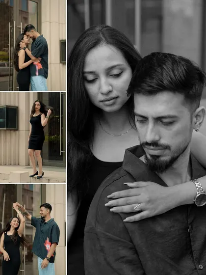 This creative collage highlights different facets of a couple's story in one frame. It includes a romantic kiss, a confident solo portrait, a playful dance, and a moody black and white close-up.