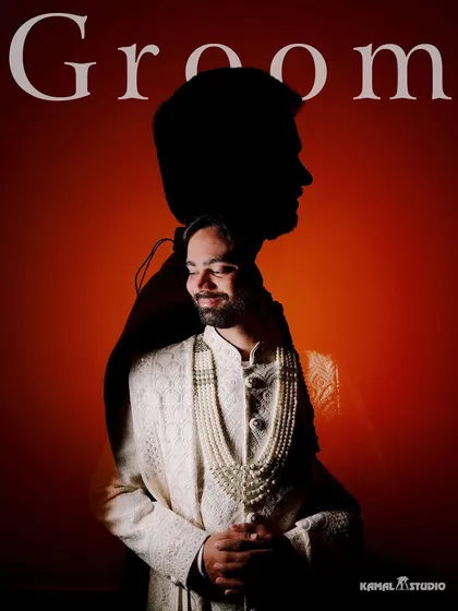 An artistic and creative double-exposure portrait of the groom, blending a silhouette with a candid shot for a modern and unique image.