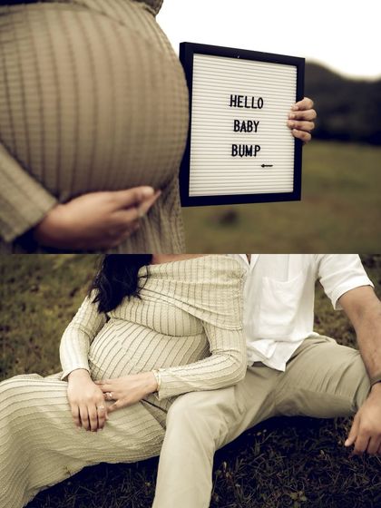 A collage that highlights the baby bump with a "Hello Baby Bump" sign, paired with a relaxed photo of the couple sitting together. It’s a sweet and direct way to celebrate the pregnancy.