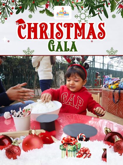 Our Christmas Gala includes many sensory activities for toddlers. This little one is enjoying a messy play session, exploring different textures in a fun, festive, and safe environment.