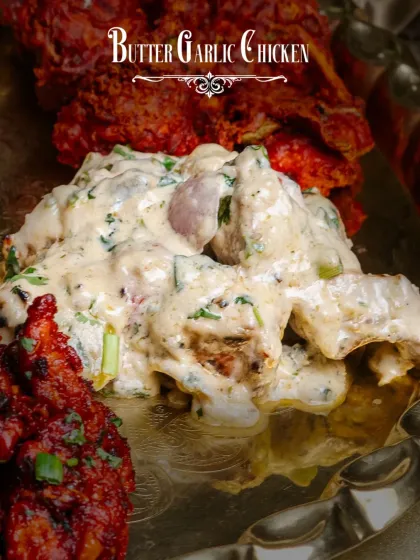 Creamy and rich Butter Garlic Chicken from our Thaal-E-Cheen. Tender chicken pieces are tossed in a luscious garlic-infused butter sauce.
