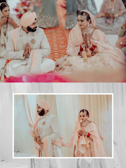 A diptych showing the couple seated during the ceremony and a moment from the Laavaan, capturing the essence of the Sikh wedding ritual.