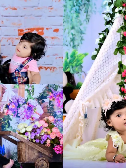 A collage showing a baby with her mother and in a floral teepee setup.