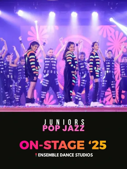 The juniors pop jazz group hitting their final pose. The floral-themed backdrop and vibrant lighting made this performance a visual treat.