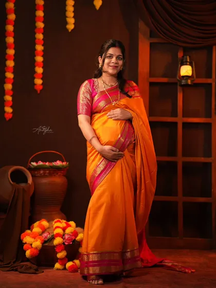 Embracing tradition with a beautiful seemantha or baby shower themed shoot. My studio is set up with marigold flowers, earthen pots, and traditional decor to create an authentic feel.