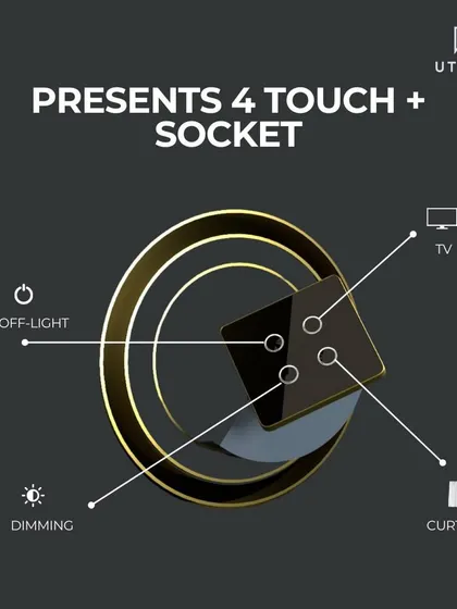 This 4-touch switch with an integrated socket is designed for maximum functionality. It can be programmed to control your lights, dimming levels, curtains, and TV from a single, elegant panel.