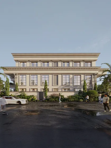 A full frontal view of a neoclassical residence, showcasing its monumental proportions and symmetrical rhythm. The fusion of classical detailing with modern sensibilities creates a home that speaks of presence and prestige.