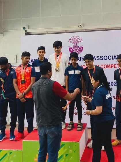 The medal ceremony for the 10m Air Rifle event at the KSRA State Competition. Our shooters consistently feature on the winners' podium.