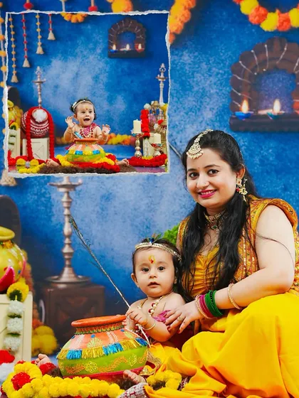 This composite image shows both a beautiful portrait of mother and child, and a wider shot of the little Krishna enjoying the festive setup.