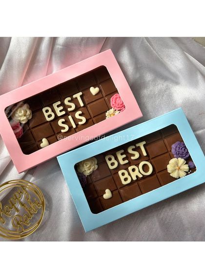 I've got sisters covered too! Here are my "Best Sis" and "Best Bro" chocolate bars, available in cute pink and blue boxes for Rakhi.