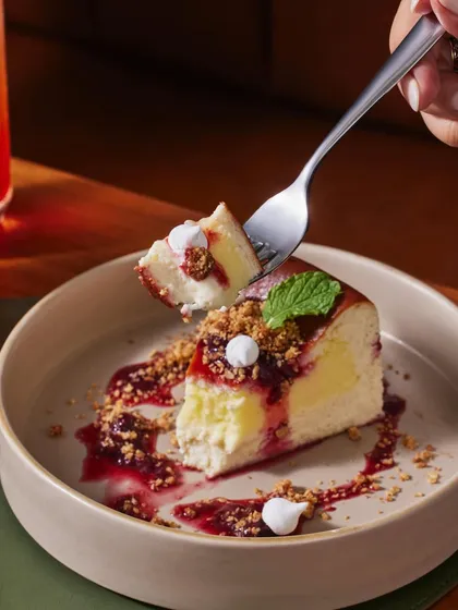 A cheesecake that plays with contrasts. Our Vanilla Bean Basque Cheesecake has a molten lemon curd center, balanced with the crunch of oatmeal crumble and the sweetness of macerated berries. It’s a gentle kind of decadence.