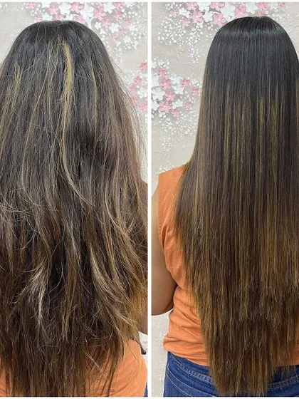 See the power of a Nanoplastia treatment in this before and after shot. I repaired the damage and frizz, leaving the hair incredibly smooth, straight, and healthy-looking.