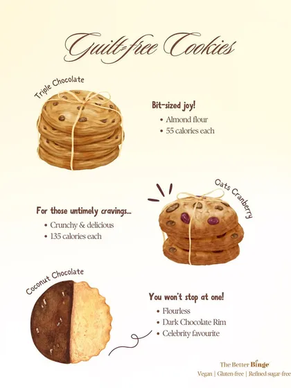My Guilt-free Cookies menu showcases our most popular options, from the 55-calorie Triple Chocolate to the crunchy Oats Cranberry.