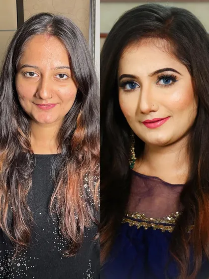 Another angle of the transformation, showing the final look with bright, open eyes and glowing skin.