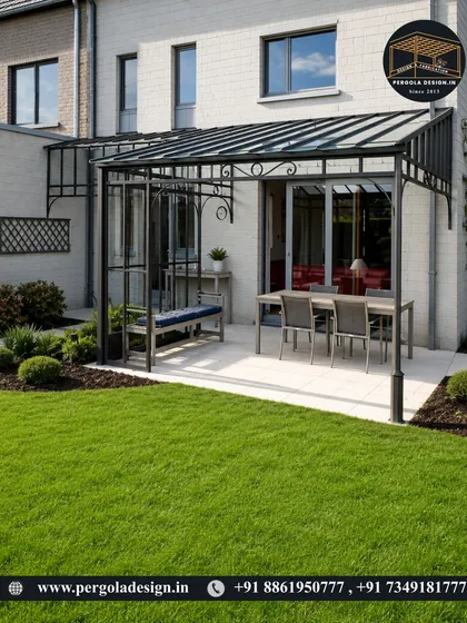 A charming and practical glass-roofed pergola with an integrated bench. This design creates a cozy, sheltered spot to sit and enjoy the garden, whatever the weather.