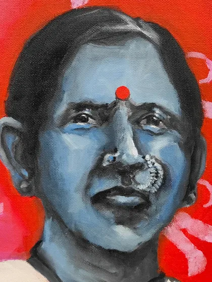A close up of "Sickle," the first piece from my "Violent Women" series. This acrylic on canvas work explores the power and rage of women, particularly those whose labor builds our world. The blue skin and bold colors are intentional choices to convey strength and challenge conventions.