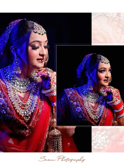 A collage of the bride's portraits under dramatic blue and red lighting, creating an artistic album page.