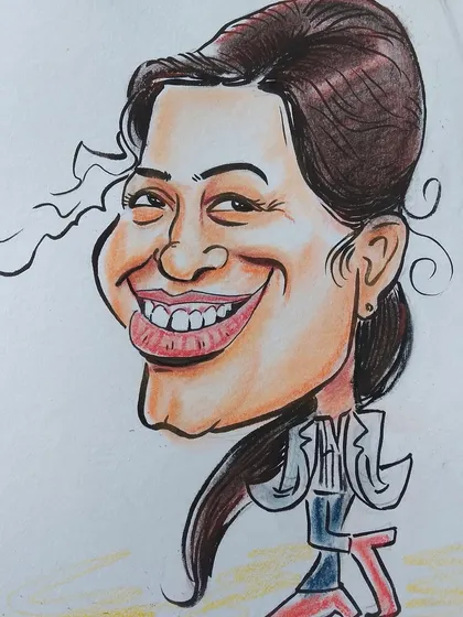 A colorful and expressive caricature of a woman with a big, beautiful smile. The colors add an extra layer of personality.