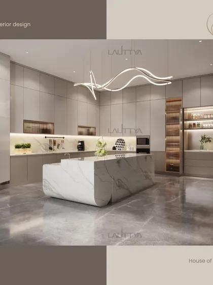 This graphic highlights a minimalist and modern kitchen design, with a large marble island and sleek, handleless cabinets, showcasing our range in interior styles.