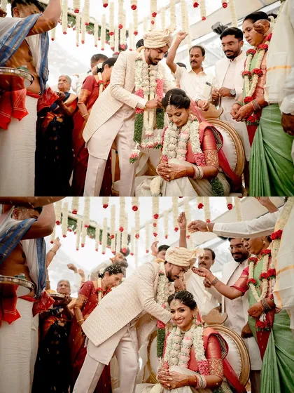 Capturing the key moments of a traditional South Indian wedding ceremony, where the couple is showered with blessings by their family and friends.
