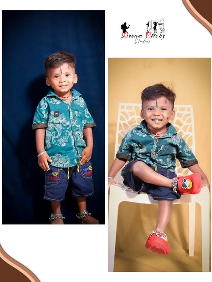 A studio photoshoot for a young boy. I use different backdrops and poses, like a classic dark blue and a simple white chair setup, to create a variety of stylish portraits.
