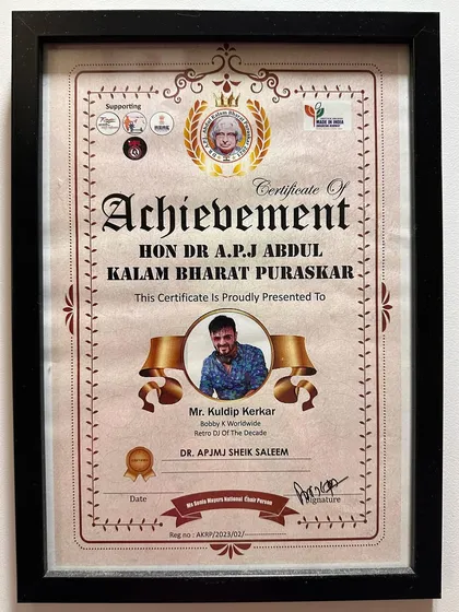 Truly humbled and grateful to have received the Hon. Dr. A.P.J. Abdul Kalam Bharat Puraskar for 'Retro DJ Of The Decade'. My motto is to heal the world with music, and this is a beautiful recognition of that journey.