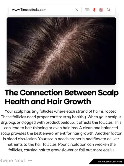 The connection between scalp health and hair growth is direct. As I explained in The Times of India, hair follicles need a clean, balanced environment with good blood circulation to receive nutrients and grow properly. A clogged or dry scalp can lead to hair thinning.