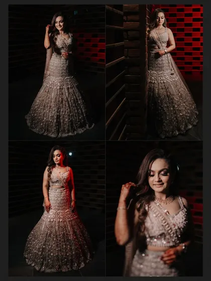 A collection of four portraits of the bride in her stunning Sangeet gown, captured with dramatic, low-key lighting.