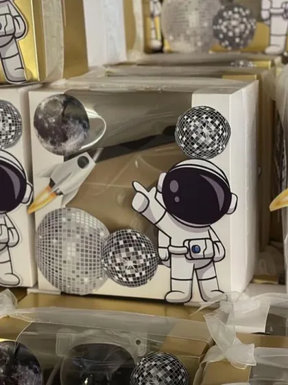 Another view of our custom-packaged astronaut projector lamps. The space themed decorations on the box add to the excitement.