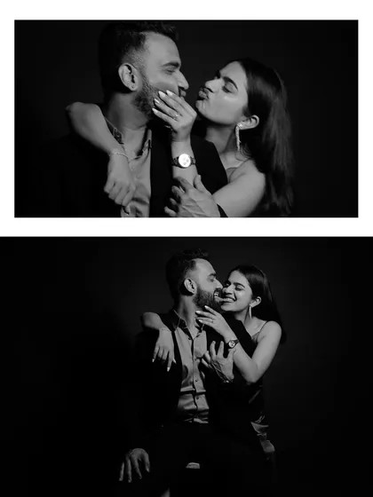 A playful and intimate diptych in black and white. These studio portraits capture the couple's fun-loving chemistry and close connection.