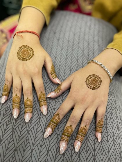 A stylish and modern design with mandalas on the back of the hand and detailed patterns just on the fingertips.