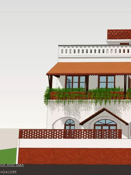 An exterior render for the 'Jagali House' in Harlur, Bangalore. This design interprets a traditional village house for an urban setting, featuring a prominent veranda, planter boxes, and a rooftop terrace.