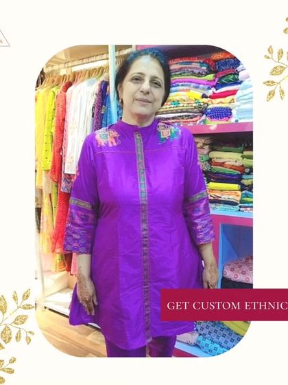 A happy client in her custom-made purple kurta. I love creating pieces that celebrate timeless beauty and exquisite craftsmanship.