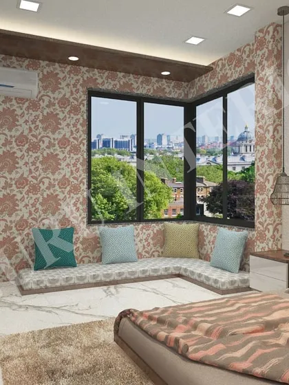 This 3D render shows a bedroom design with a cozy window seat, perfect for enjoying the view. We use these designs to explore different wallpaper choices and furniture layouts with our clients.