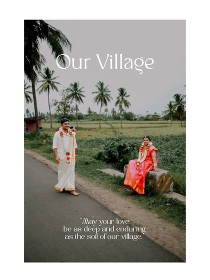 The groom walks along a village road while his bride waits, creating a sense of narrative and journey in their wedding story.