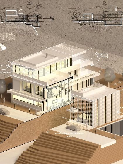 This exploded axonometric drawing shows how a basic concept sketch for a villa in Mumbai is transformed into a vibrant, luxurious home. The design features double-height living spaces, staggering balconies, and seamless indoor-outdoor flow.