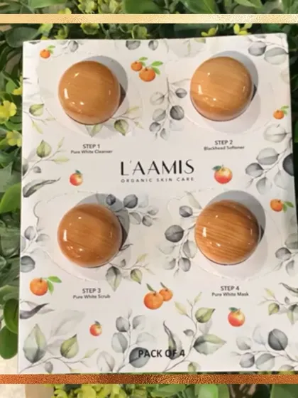 This is the L'aamis four-step organic facial kit I use for some of my treatments. It includes a cleanser, blackhead softener, scrub, and mask for a complete skincare routine.