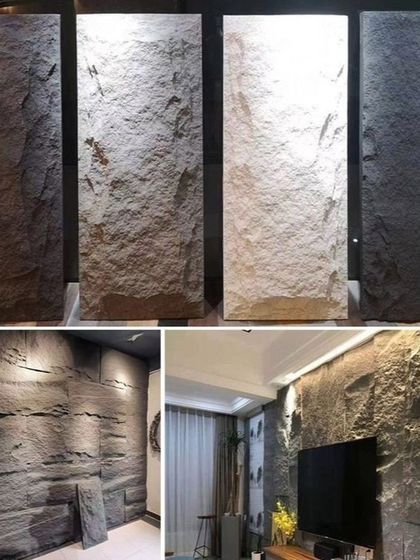 A collage showing different applications and samples of our PU stone wall panels, perfect for creating a natural, rustic look indoors.