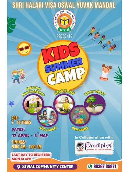 All the details for our next summer camp adventure. This flyer provides key information on dates, age groups, timings, and the main activities, including creative photography, kids yoga, story quest, and traditional desi games.