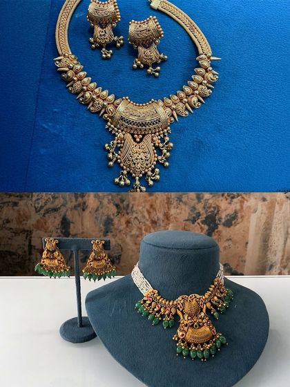 This client wanted to update her traditional temple jewelry set. We kept the main pendant and added a fresh strand of beads with green hangings, creating a lighter, more modern version that she can wear more often.