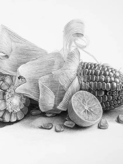 My skill is built on a foundation of detailed study. This still life drawing of corn and lemon was a practice in capturing complex textures and the play of light and shadow, skills I bring to every custom portrait I create.