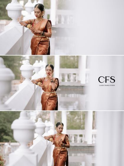 A collage of the bride posing gracefully on a white balcony. Her copper-toned silk saree looks stunning in the soft light, creating a series of timeless portraits.