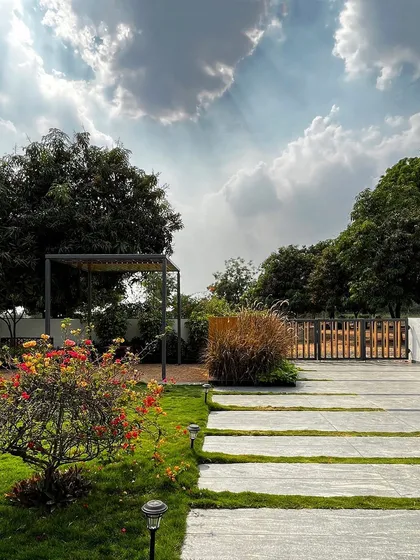 A quiet corner of the "Tranquil Mango Haven" garden, where a simple stone path cuts through the lawn, leading the eye towards the gazebo and the mature trees beyond.