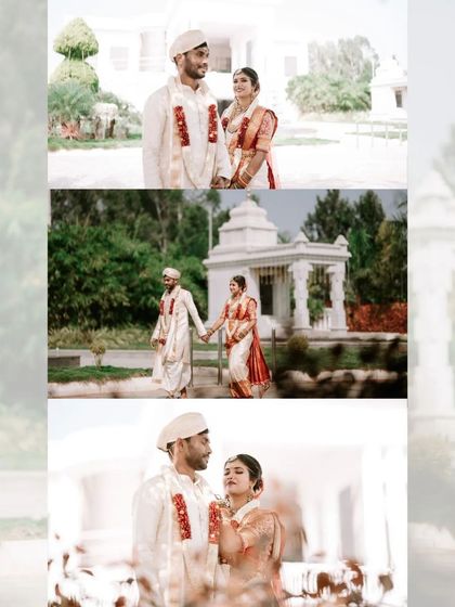 A collage showing the couple walking together in a beautiful outdoor setting. These shots capture the natural, happy moments that happen between the main events.