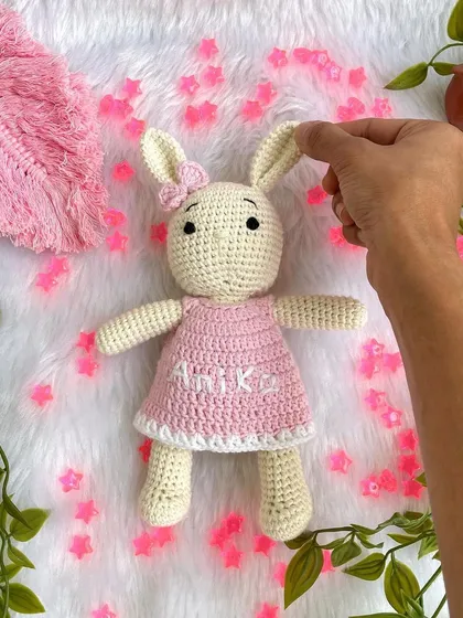 My bestseller bunny in a soft pink dress, personalized with the name "Anika". This is a classic design that is always a hit as a baby shower or birthday gift.