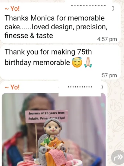 "Thanks Monica for memorable cake...loved design, precision, finesse & taste." A wonderful review for a 75th birthday cake.