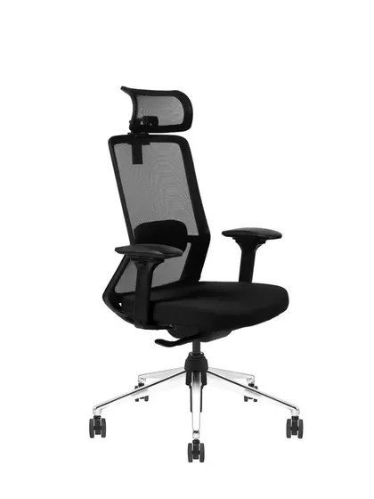 An angled view of the black ergonomic chair, showing the adjustable armrests.