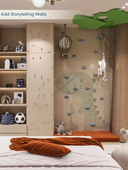 Storytelling walls can transform a room. Here, we added a climbing wall with a dinosaur motif, turning a simple wall into an adventure zone that encourages active play.