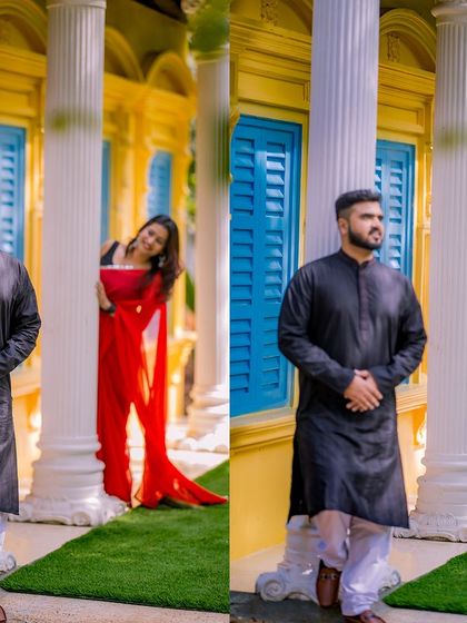 A playful peek-a-boo shot using the pillars of our colorful colonial-style set.