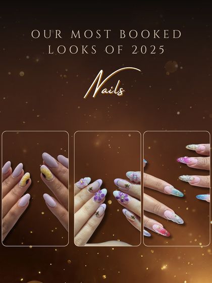 A collage of the most-booked nail looks of 2025. This image highlights the trends my clients loved, featuring a variety of floral and abstract nail art designs that defined the year.